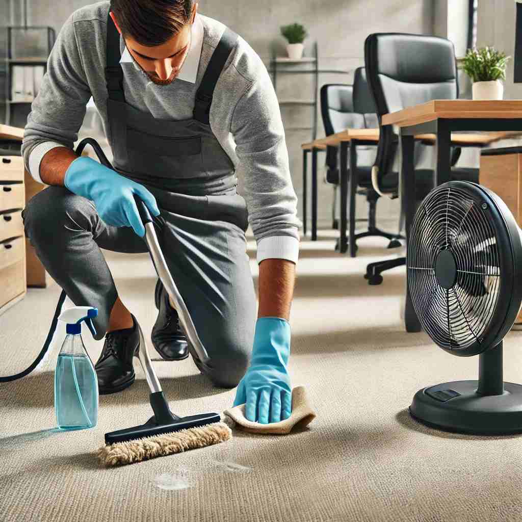 Professional office cleaner scrubbing a carpet to remove odor, with a floor fan nearby for drying in a modern, well-lit office space