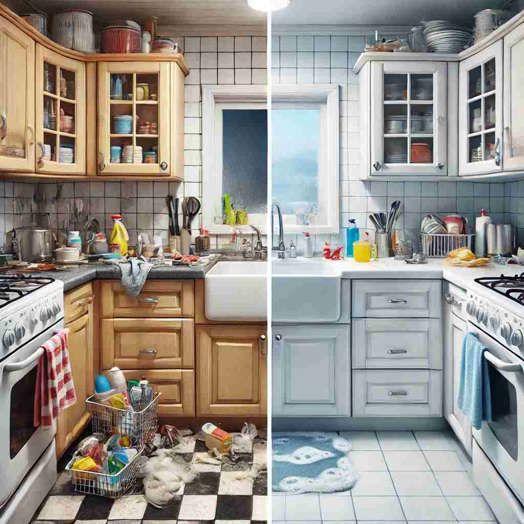 Side-by-side comparison of a kitchen and bathroom before and after deep cleaning, showing a mild mess on the left and a spotless, organized space on the right