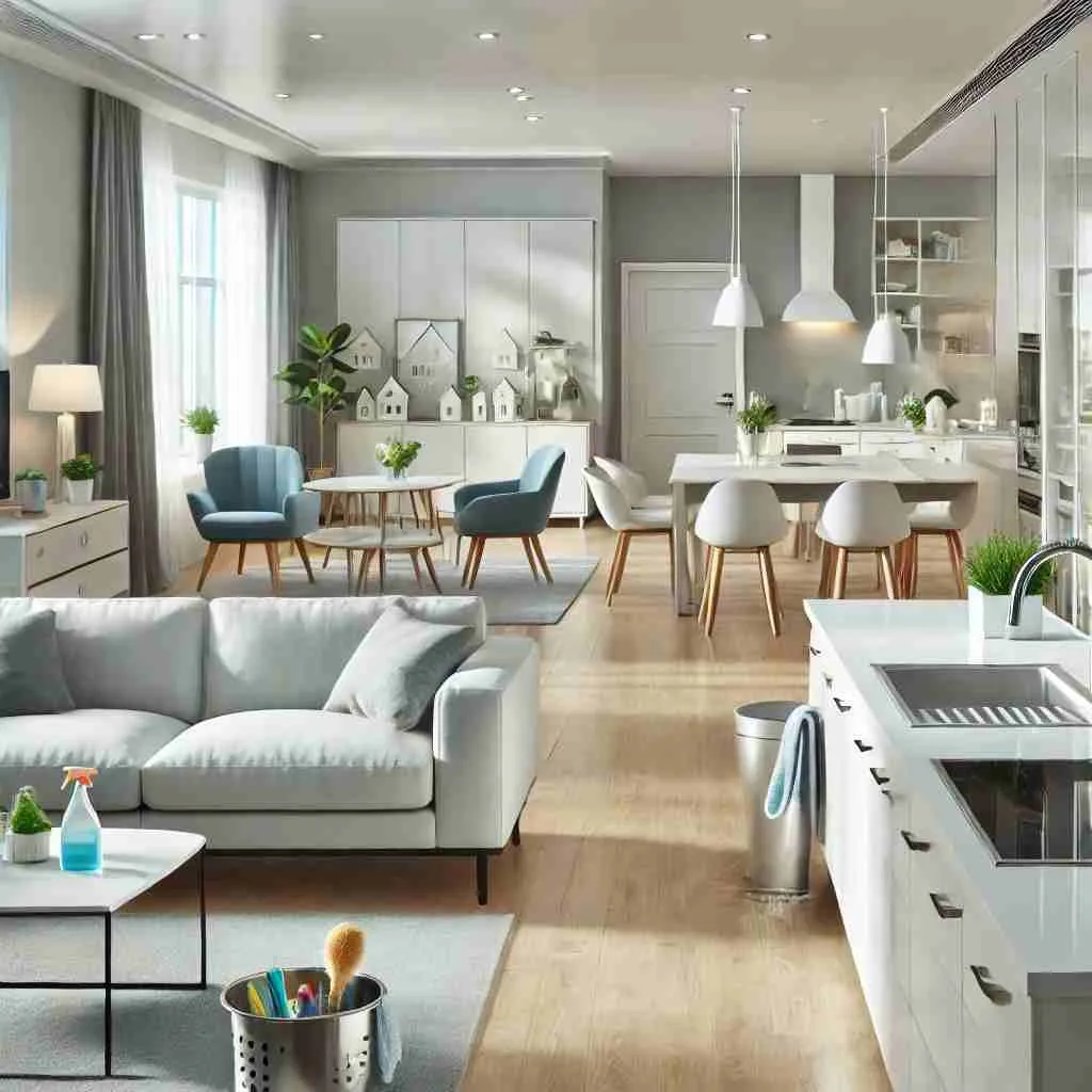 Spotless home interior featuring a clean kitchen, living room, and bathroom, reflecting the results of a professional detailed house cleaning service
