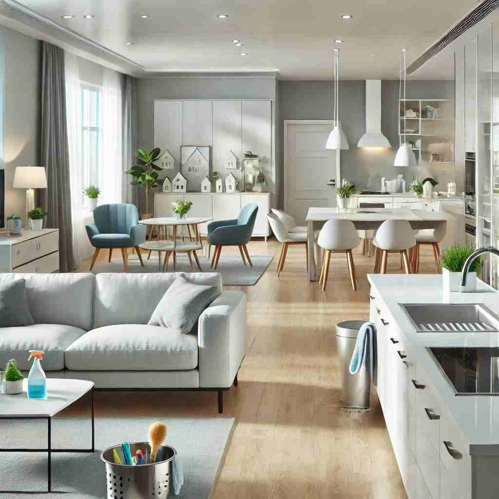 Spotless home interior featuring a clean kitchen, living room, and bathroom, reflecting the results of a professional detailed house cleaning service