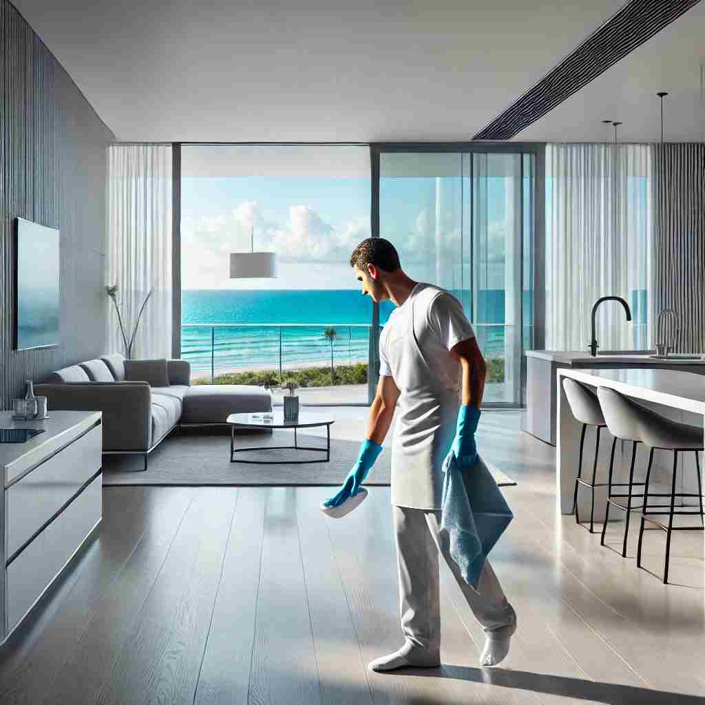 Professional cleaner sanitizing a high-end Miami condo with ocean views, ensuring a spotless and fresh living space with a modern, sleek interior