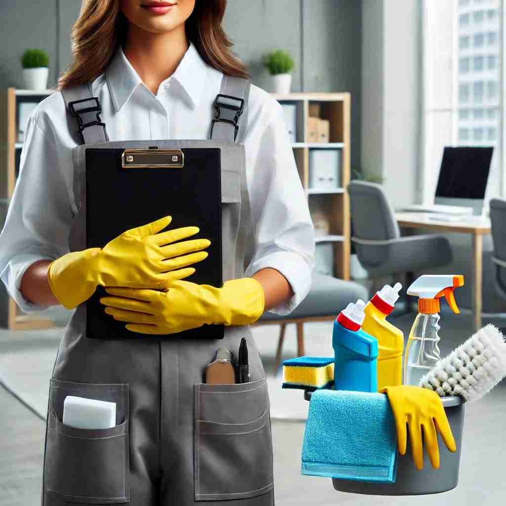 Professional cleaner in uniform holding a clipboard and cleaning supplies, symbolizing a new cleaning business owner in a modern office setting