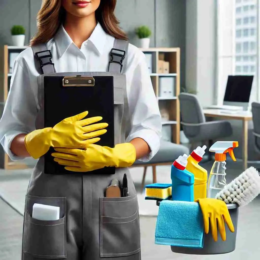 Professional cleaner in uniform holding a clipboard and cleaning supplies, symbolizing a new cleaning business owner in a modern office setting