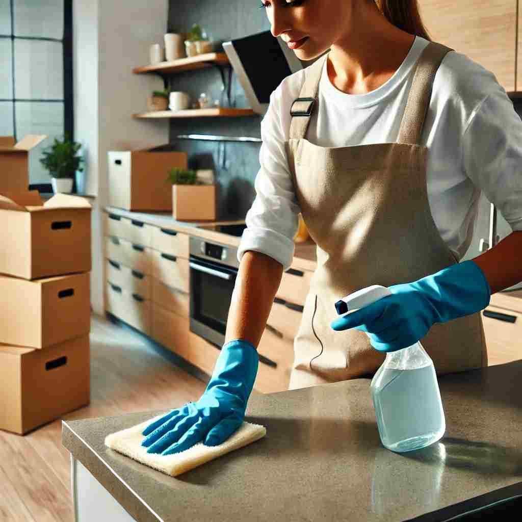 Professional house cleaner wiping down a kitchen countertop during a move, with cardboard boxes in the background of a clean, modern home