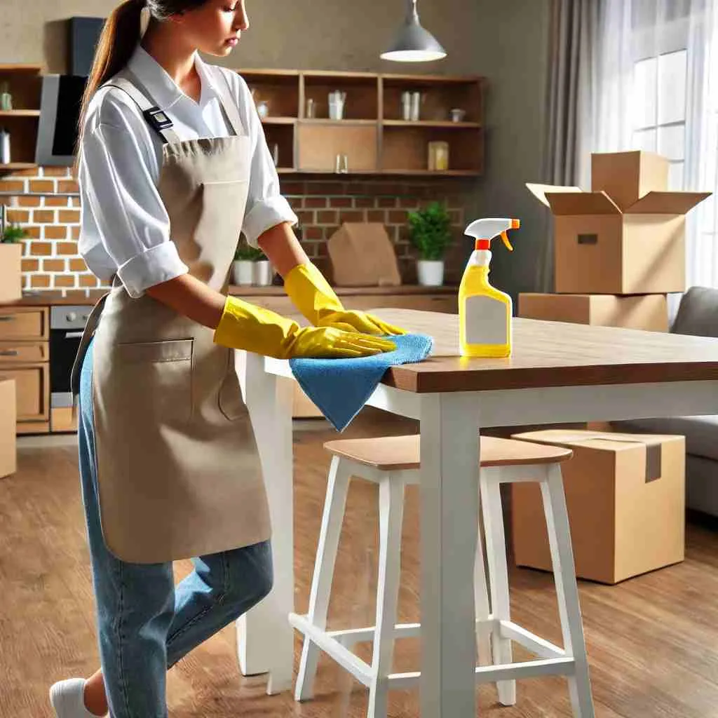 Professional house cleaner wiping down a modern kitchen with moving boxes in the background, representing move-in or move-out cleaning services during a home transition