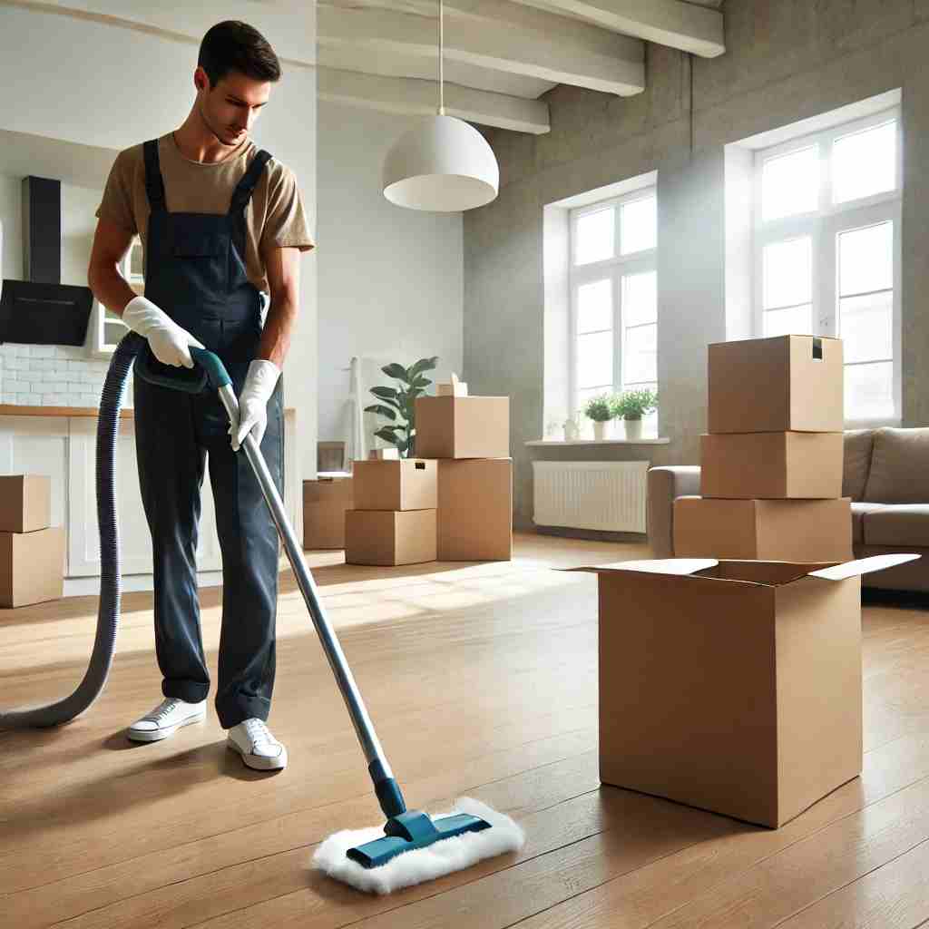 Professional cleaner in uniform wiping down a surface in a nearly empty home with moving boxes, representing a move-out cleaning service