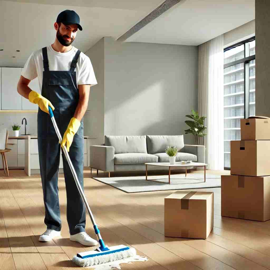 Professional cleaner in uniform wiping down an empty apartment during a move-out cleaning service, with moving boxes in the background