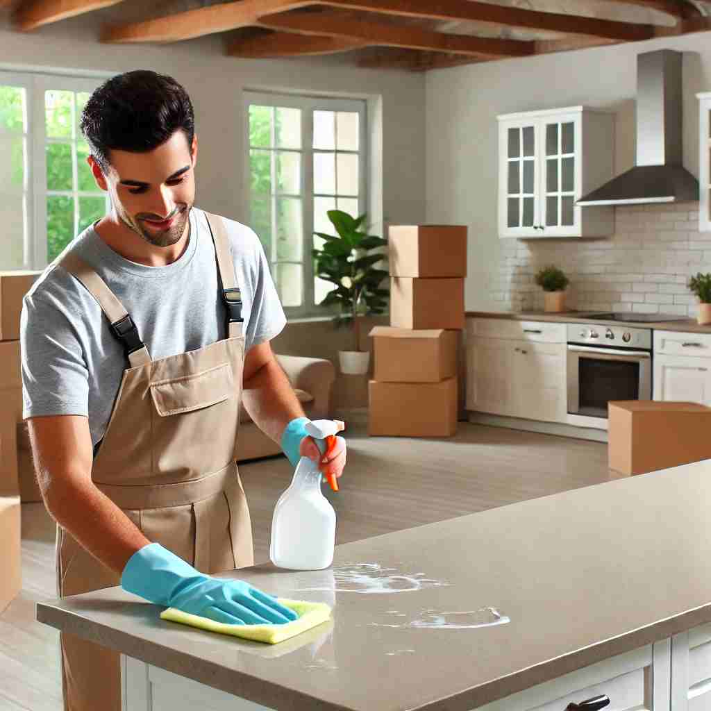 Professional cleaner wiping down a countertop in an empty home with moving boxes, representing a move-out cleaning service