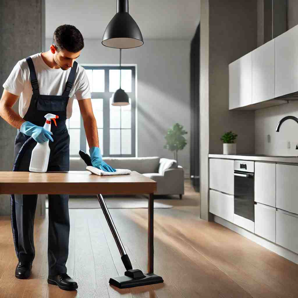 Professional cleaner wiping down a kitchen counter in an empty, modern home before move-in