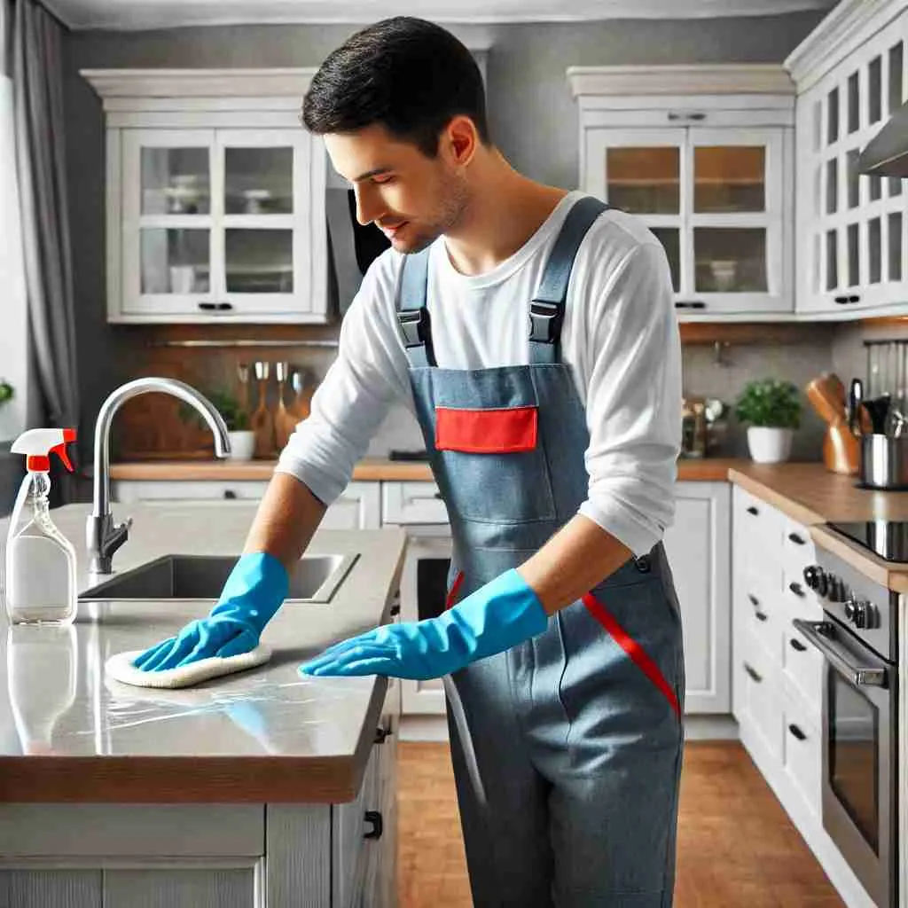 Professional cleaner deep cleaning a modern kitchen, wiping down appliances and cabinets with visible cleaning tools and sparkling surfaces