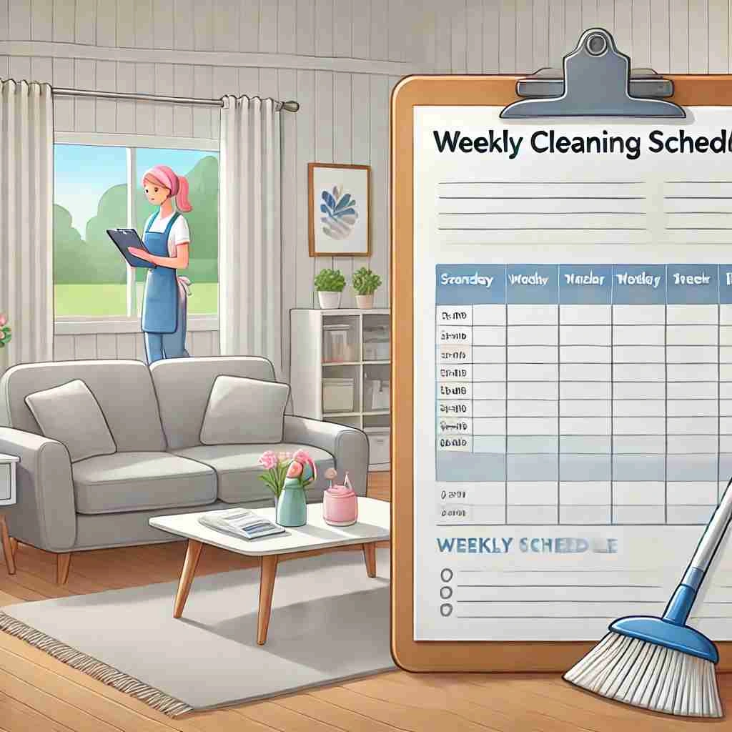 Illustration of a clean, modern living room with a visible weekly cleaning schedule and a professional cleaner tidying in the background, representing an organized housekeeping routine