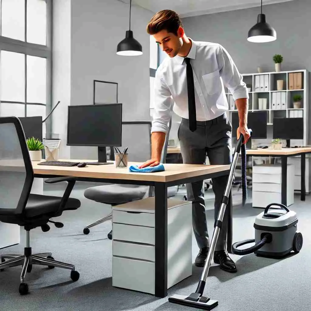 Professional office cleaner tidying a modern, well-lit office space, representing local office cleaning services