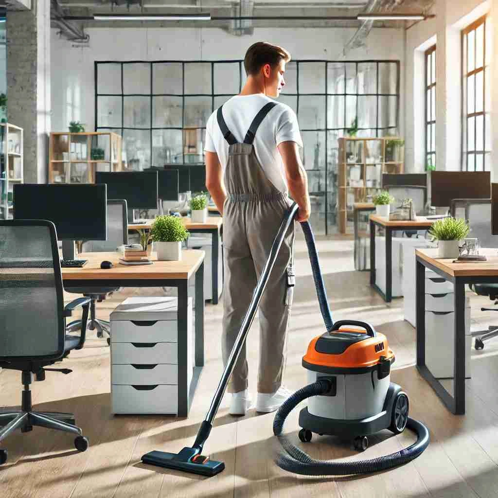 Professional office cleaner vacuuming a clean, modern workspace, representing a reliable local office cleaning service