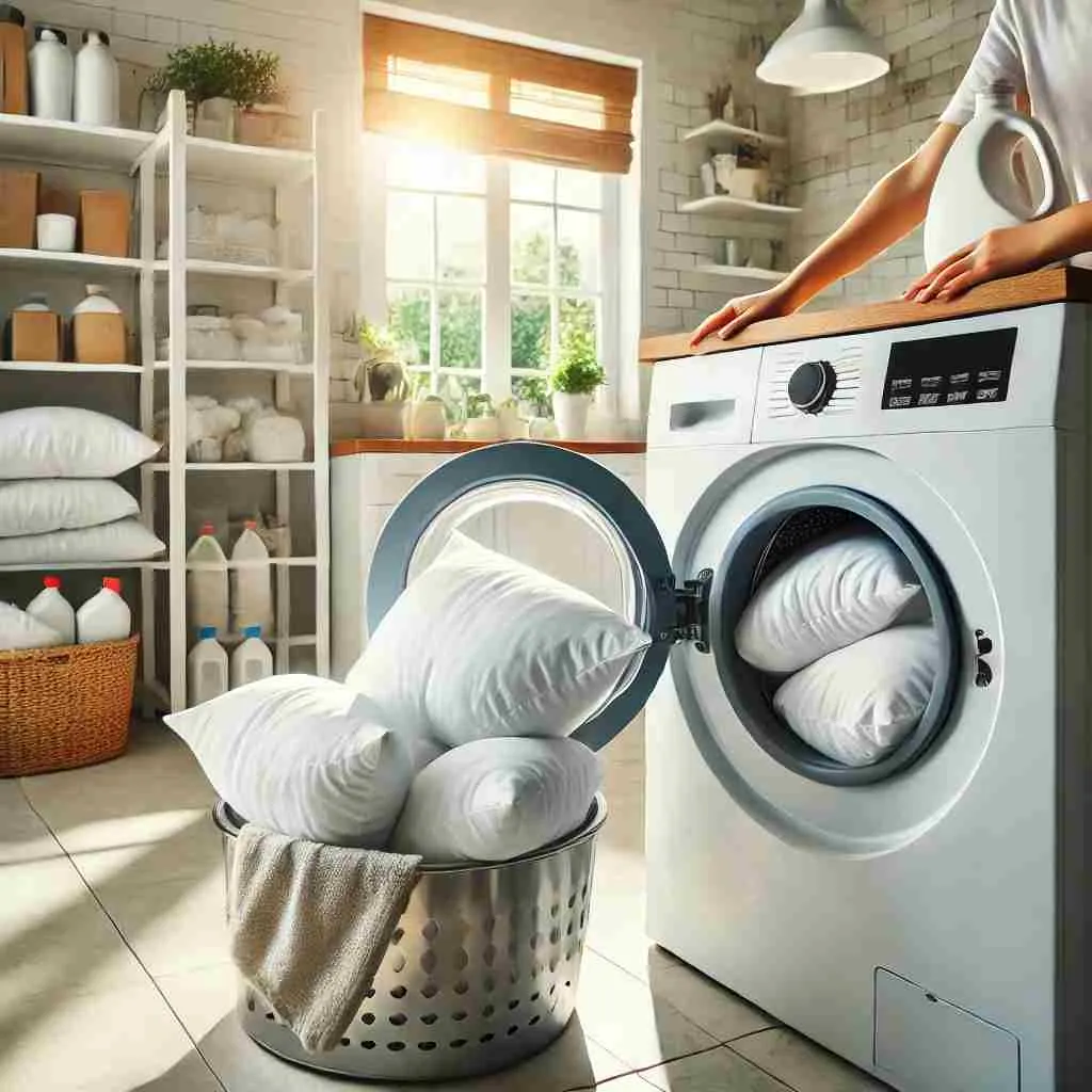 Person placing white pillows into a front-loading washing machine in a bright, modern laundry room, demonstrating how to clean pillows properly.