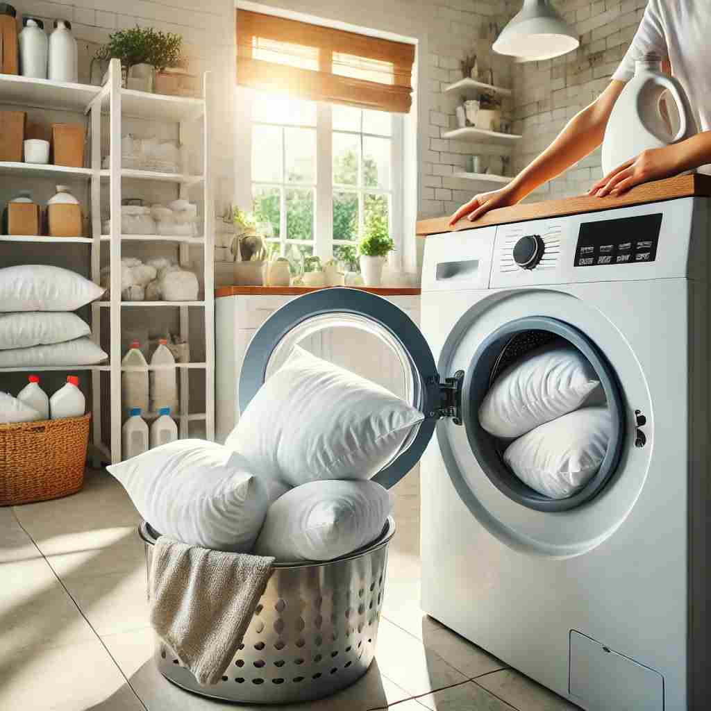 Person placing white pillows into a front-loading washing machine in a bright, modern laundry room, demonstrating how to clean pillows properly.