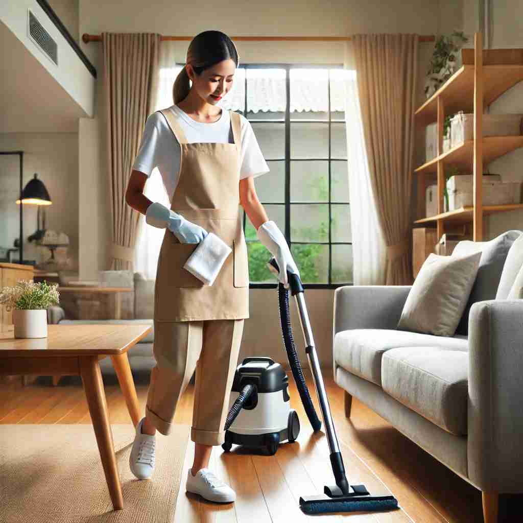 Professional female house cleaner in uniform cleaning a stylish, modern home living room, representing private house cleaning service