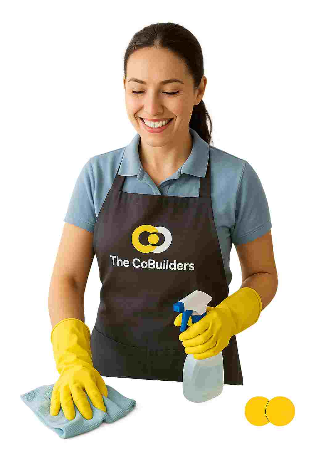 Smiling professional female house cleaner in uniform cleaning a bright, tidy living room, representing affordable house cleaning service. with "The CoBuilders" and logo on their apron