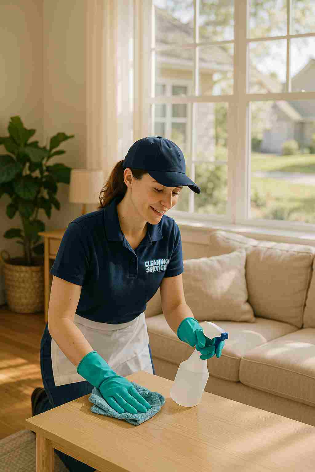 Professional female house cleaner wearing an apron with "The CoBuilders" logo smiling while cleaning a tidy, sunlit home, representing an affordable and friendly local cleaning service. 