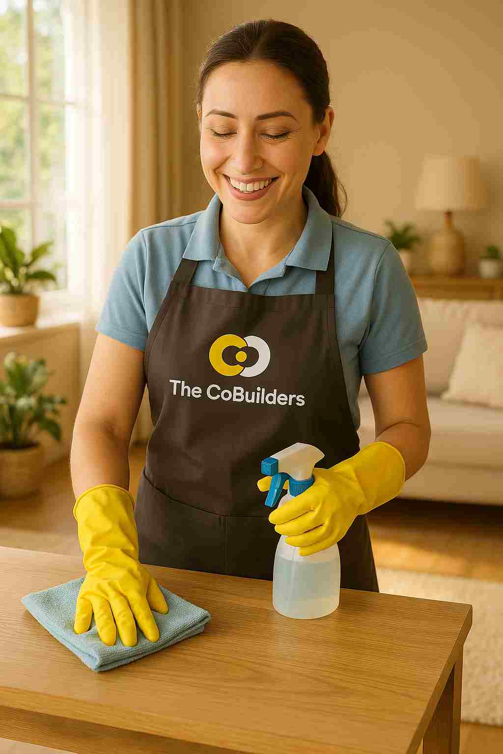 Professional house cleaner in uniform cleaning a tidy living room in a sunlit suburban home, representing local cleaning services nearby