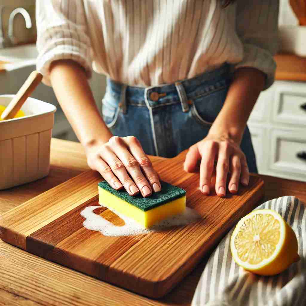 Close-up of a person cleaning a wooden cutting board with natural ingredients in a tidy, well-lit kitchen.