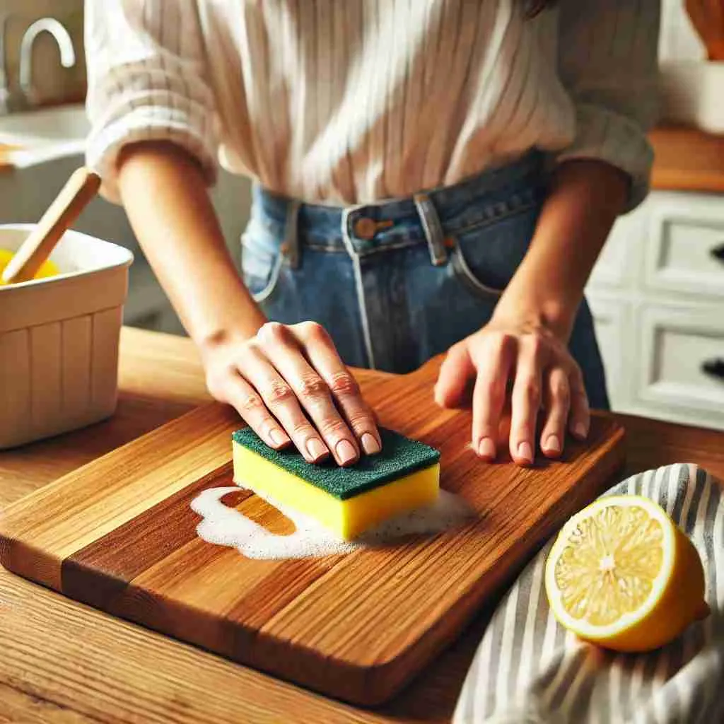 Close-up of a person cleaning a wooden cutting board with natural ingredients in a tidy, well-lit kitchen.