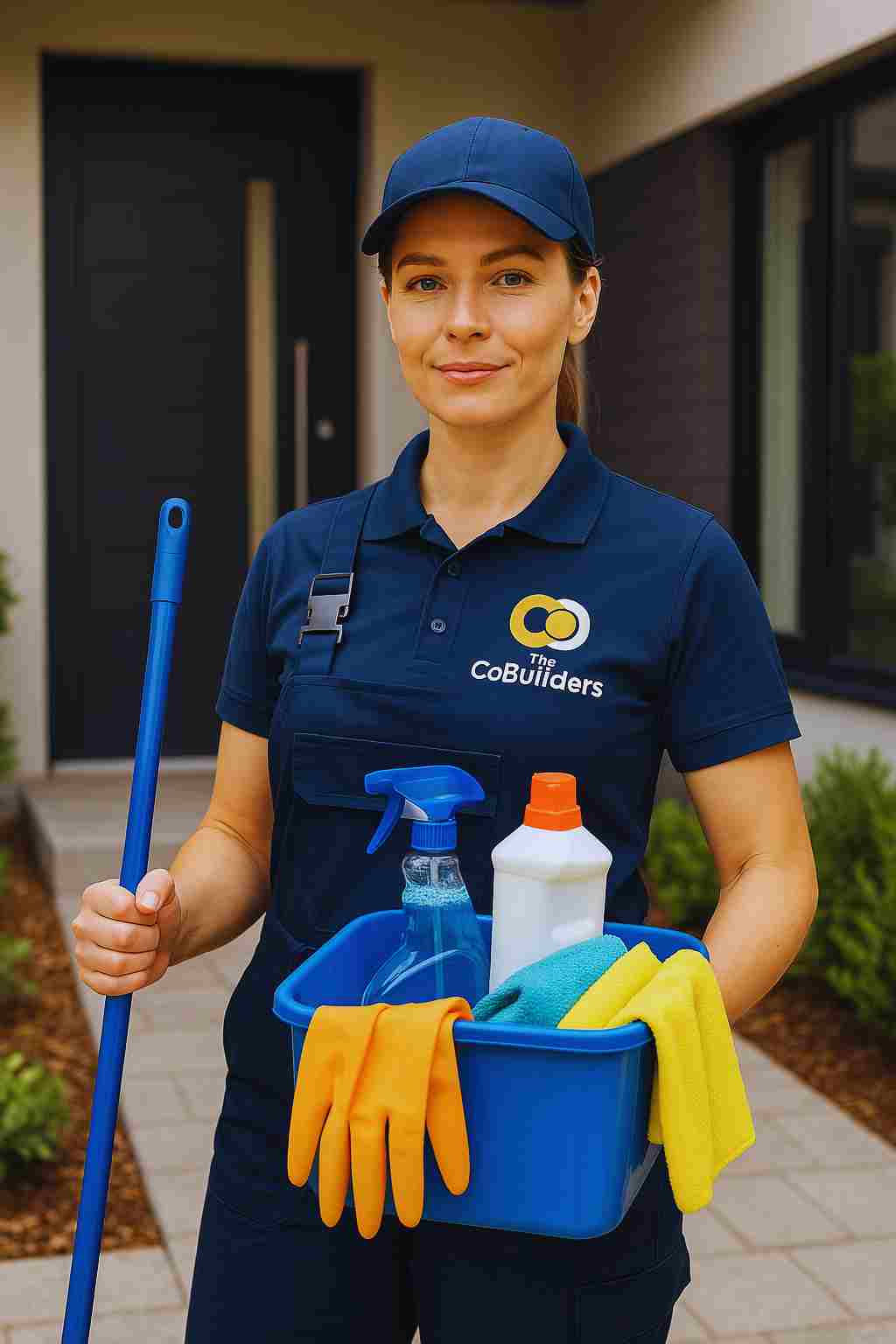 Professional cleaner in uniform with "The CoBuilders" logo. The cleaner is holding cleaning supplies and standing confidently in front of a modern home, representing the start of a new cleaning business.