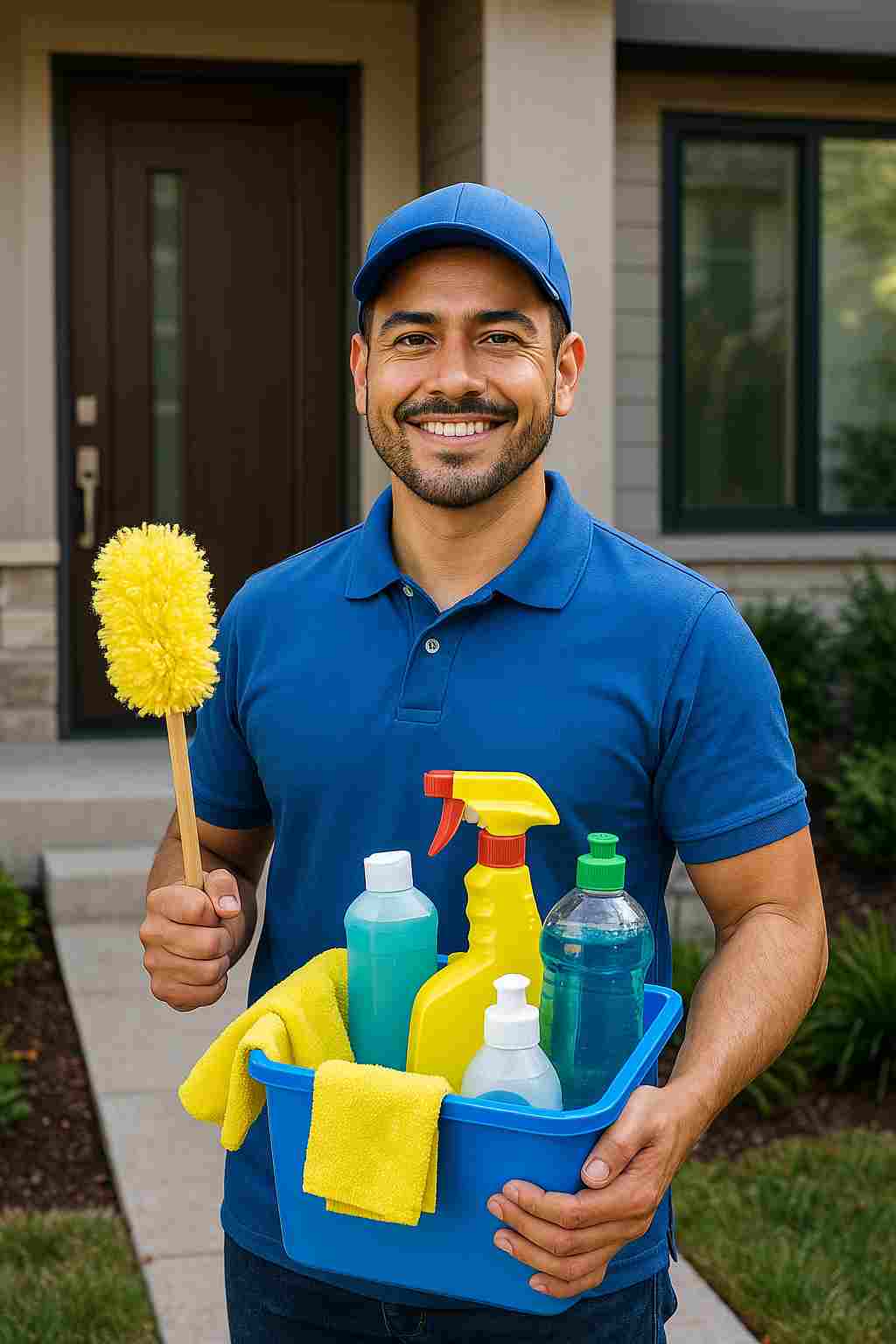 Confident new cleaning business hispanic male owner in uniform holding cleaning supplies in front of a modern home, representing the start of a cleaning business.