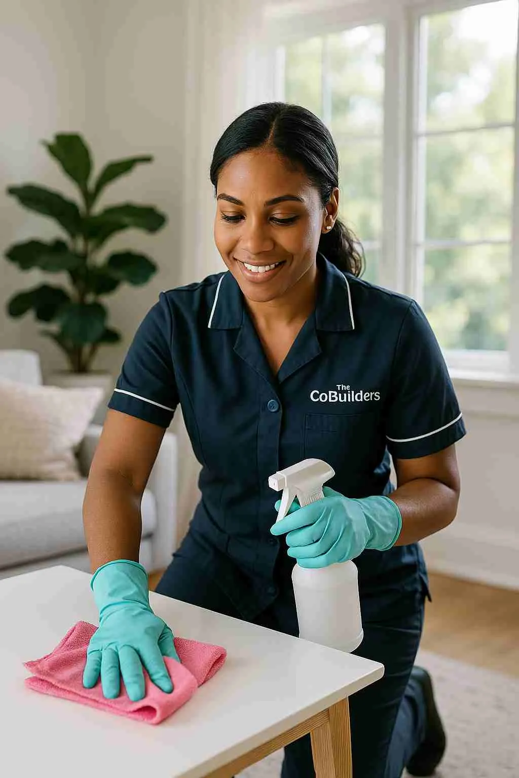Professional housekeeper in uniform with label "The CoBuilders" cleaning a modern home interior with natural light, representing housekeeping services in Atlanta.