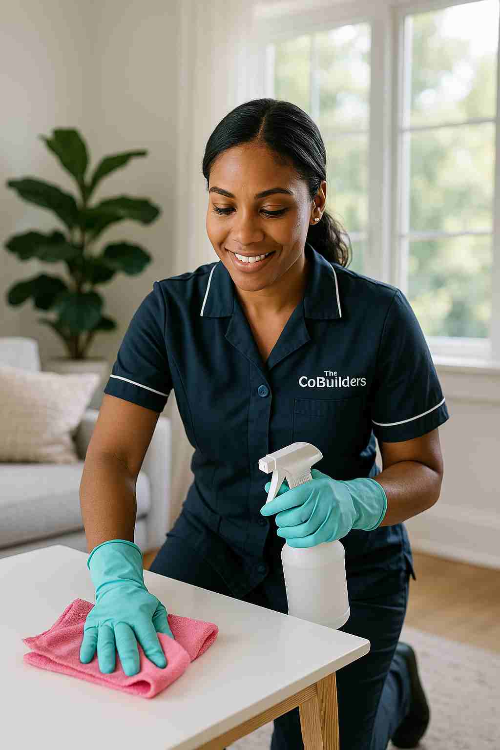 Professional housekeeper in uniform with label "The CoBuilders" cleaning a modern home interior with natural light, representing housekeeping services in Atlanta.