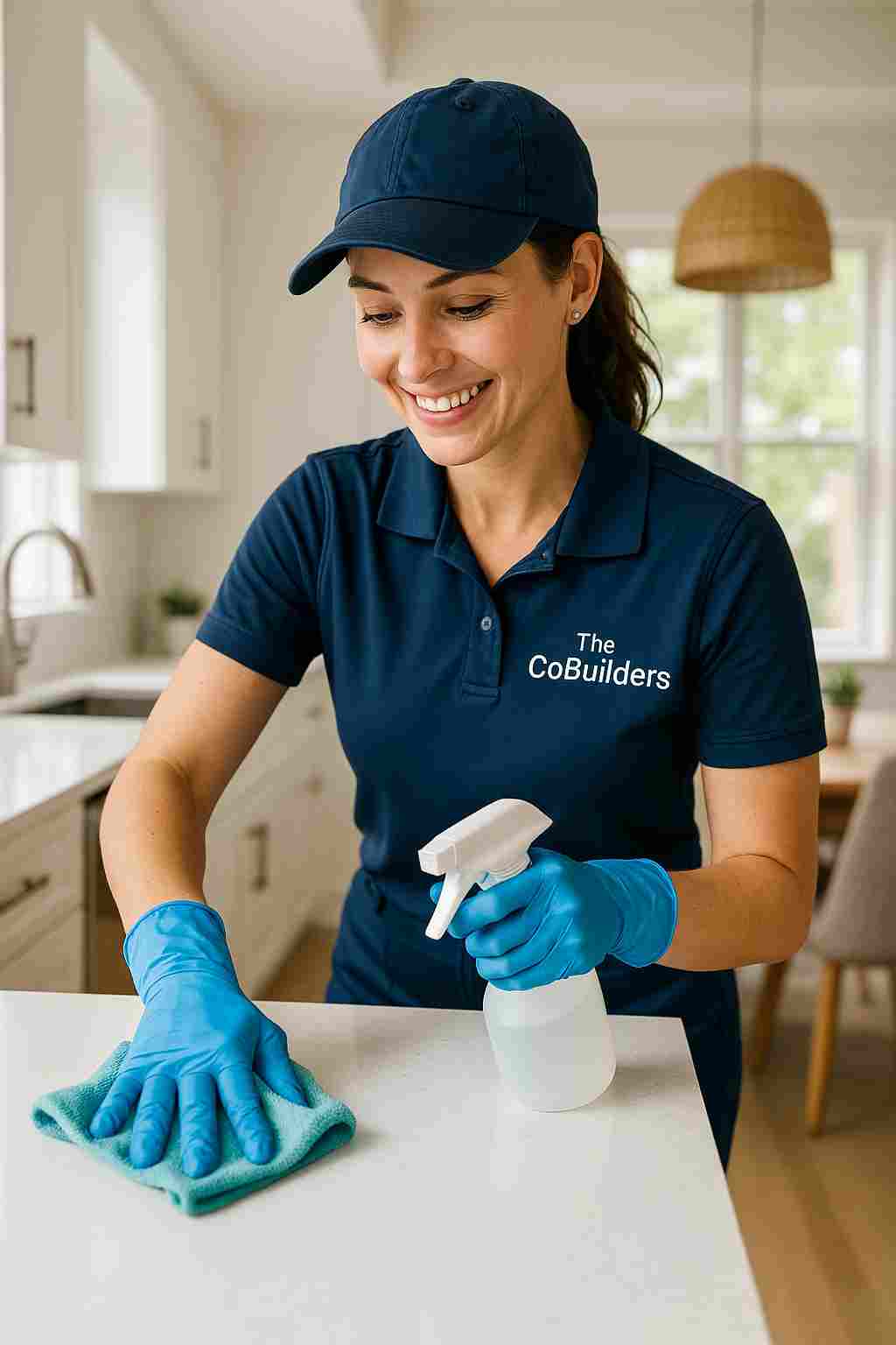Professional house cleaner in uniform with "The CoBuilders" label on the uniform, working in a bright, modern Atlanta home, representing local cleaning services