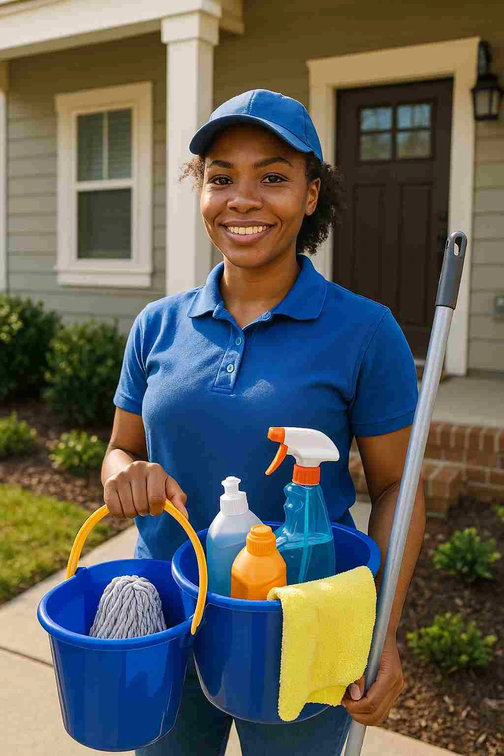 Confident new cleaning business owner in uniform standing outside a suburban home with cleaning supplies, ready to begin work.