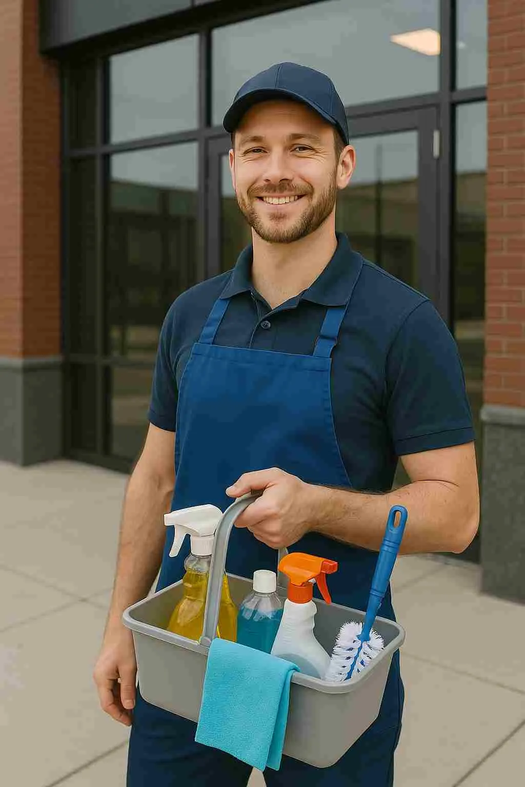 New cleaning business owner in uniform holding a cleaning caddy, standing confidently outside a commercial property, ready to begin professional cleaning work.