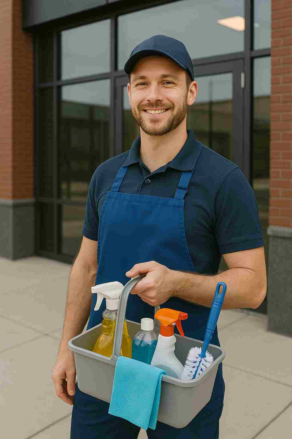New cleaning business owner in uniform holding a cleaning caddy, standing confidently outside a commercial property, ready to begin professional cleaning work.