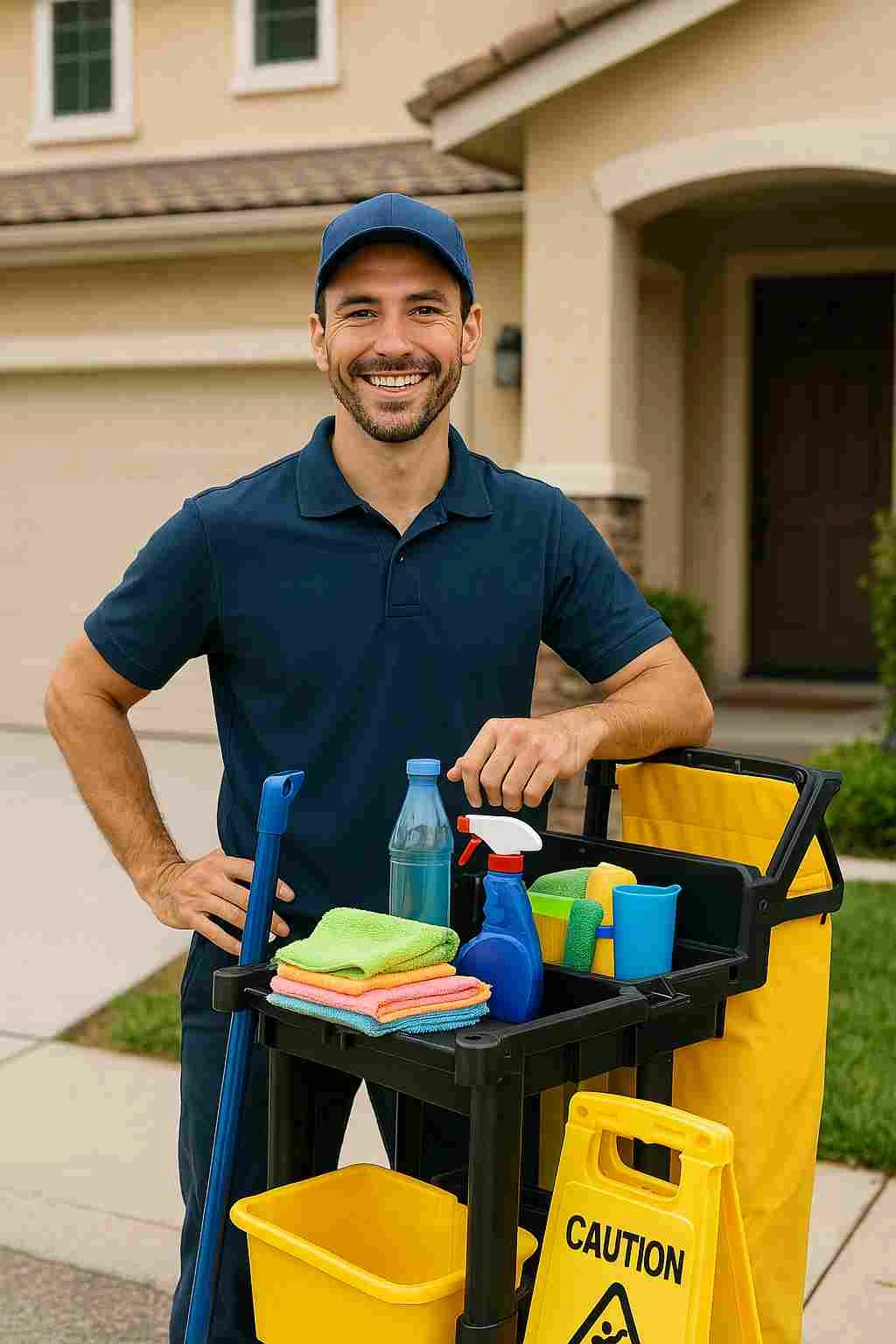 Motivated male janitorial business owner wearing cleaning uniform with a janitorial cart and smiling outside a residential property, ready to begin their cleaning service journey.