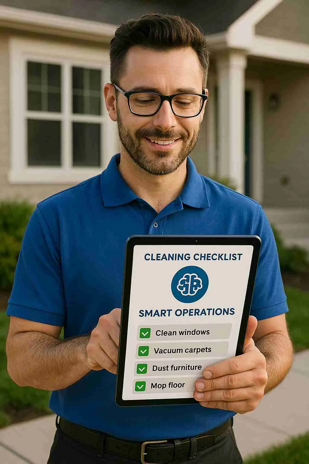 Professional cleaning business owner using a tablet with a cleaning checklist app, standing in front of a clean property, representing smart operations with AI tools.