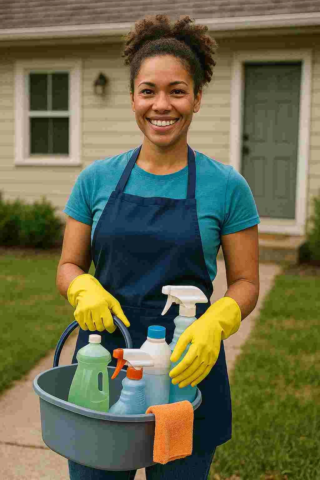 Motivated new cleaning business owner holding supplies and standing outside a small home, ready to begin offering cleaning services.