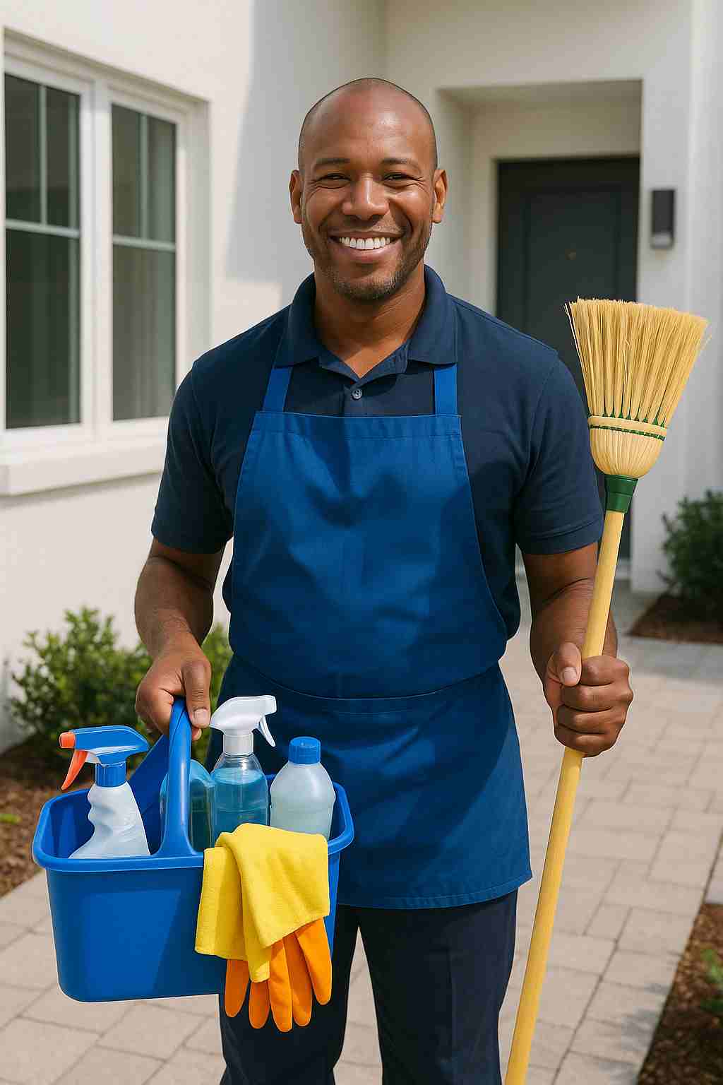 New cleaning service owner holding supplies outside a clean property, ready to launch a professional janitorial services business.