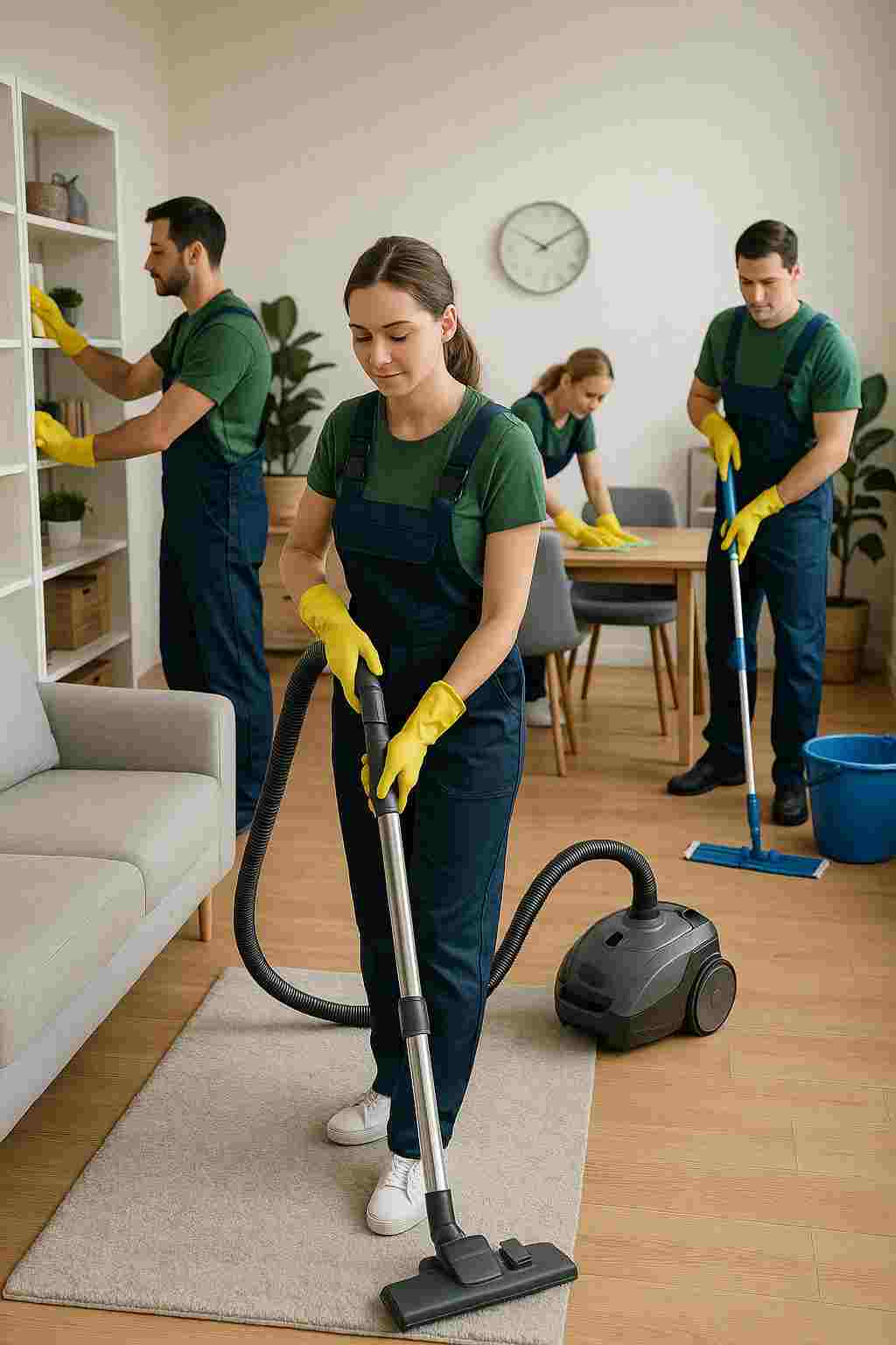 Professional cleaners cleaning a modern, organized home.