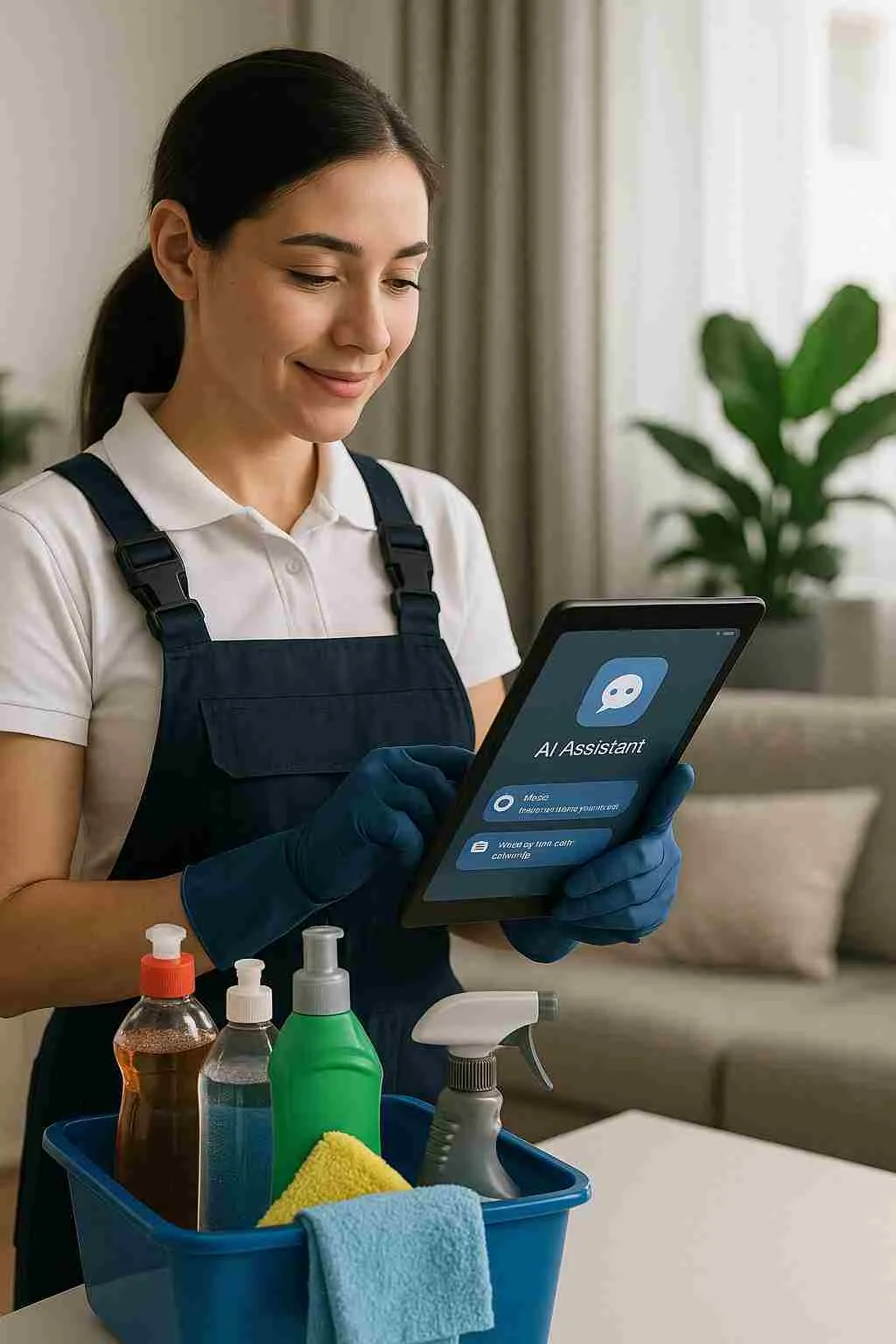 Professional cleaner using a tablet with an AI assistant interface next to cleaning supplies in a modern home, representing smart business management with AI.