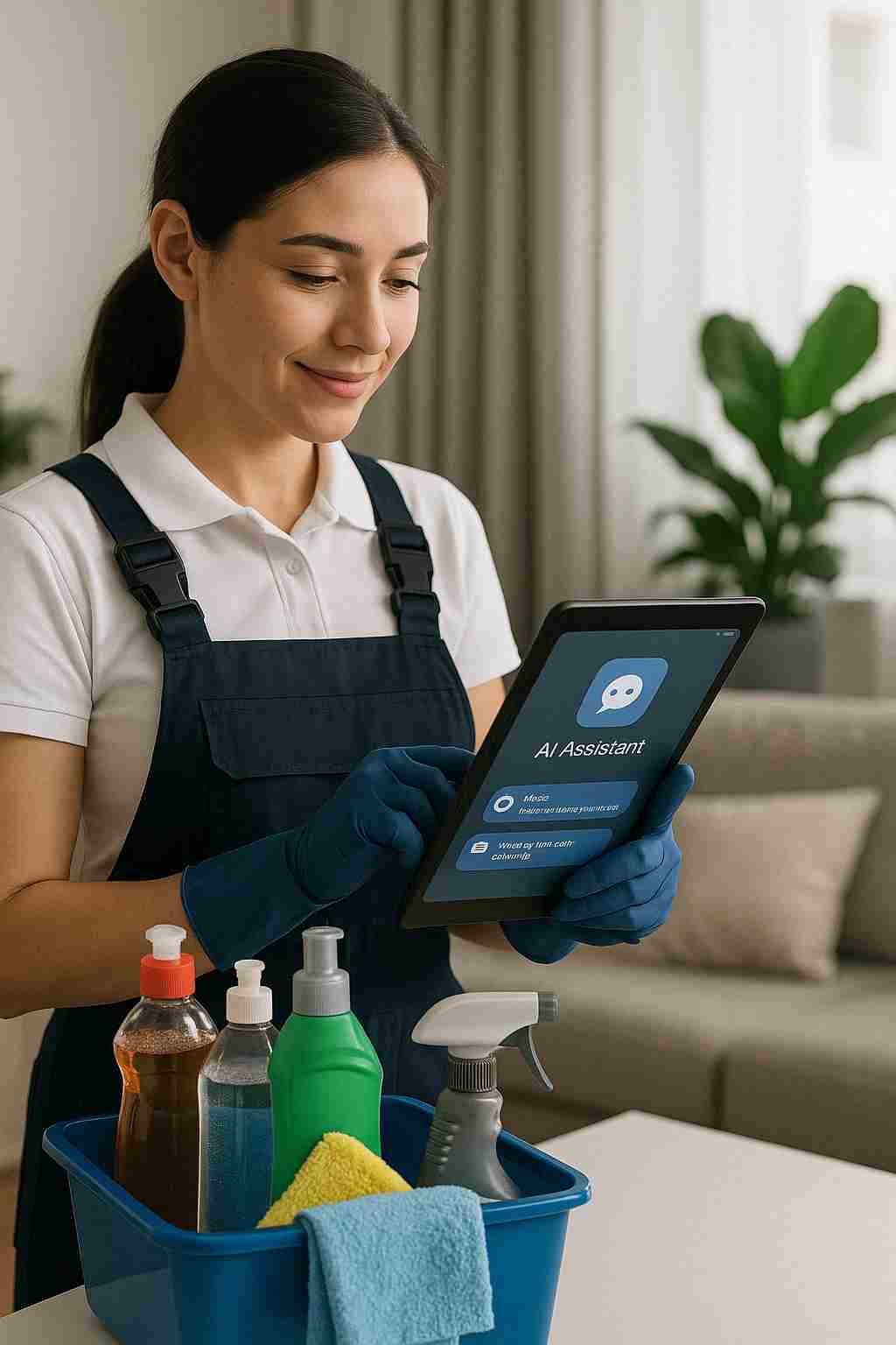 Professional cleaner using a tablet with an AI assistant interface next to cleaning supplies in a modern home, representing smart business management with AI.
