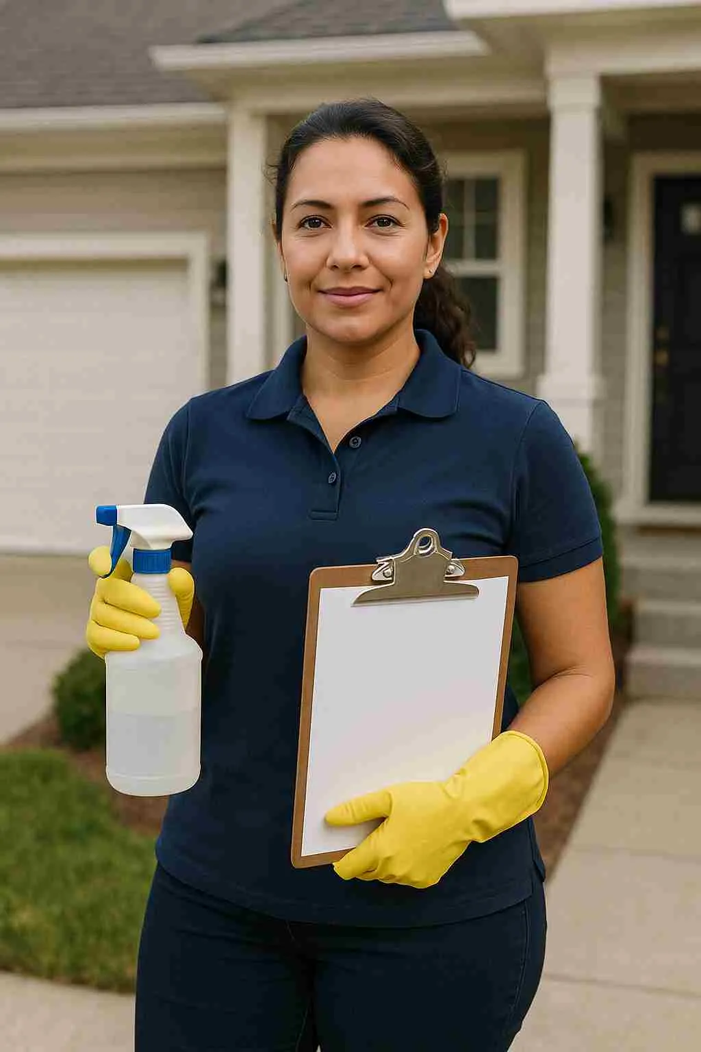Confident new cleaning business hispanic female owner holding a spray bottle and checklist in front of a clean suburban home, ready to begin their cleaning service.