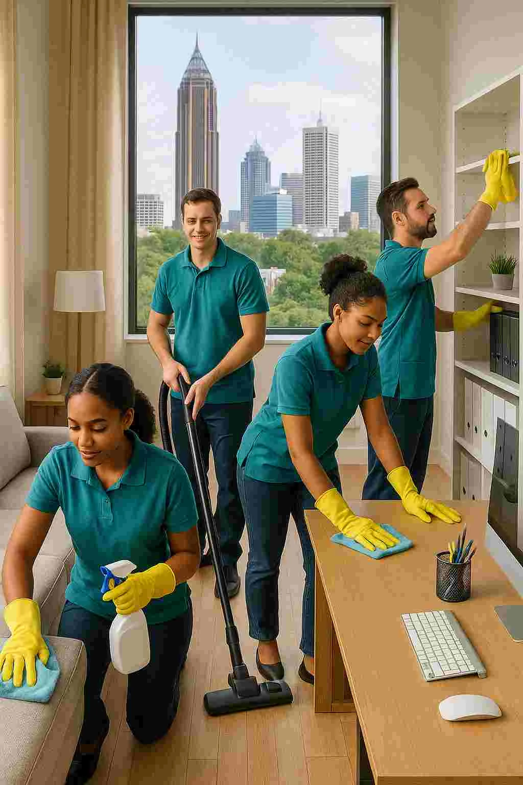 Professional cleaning team working in an Atlanta home and office, showcasing spotless surfaces and organized spaces.