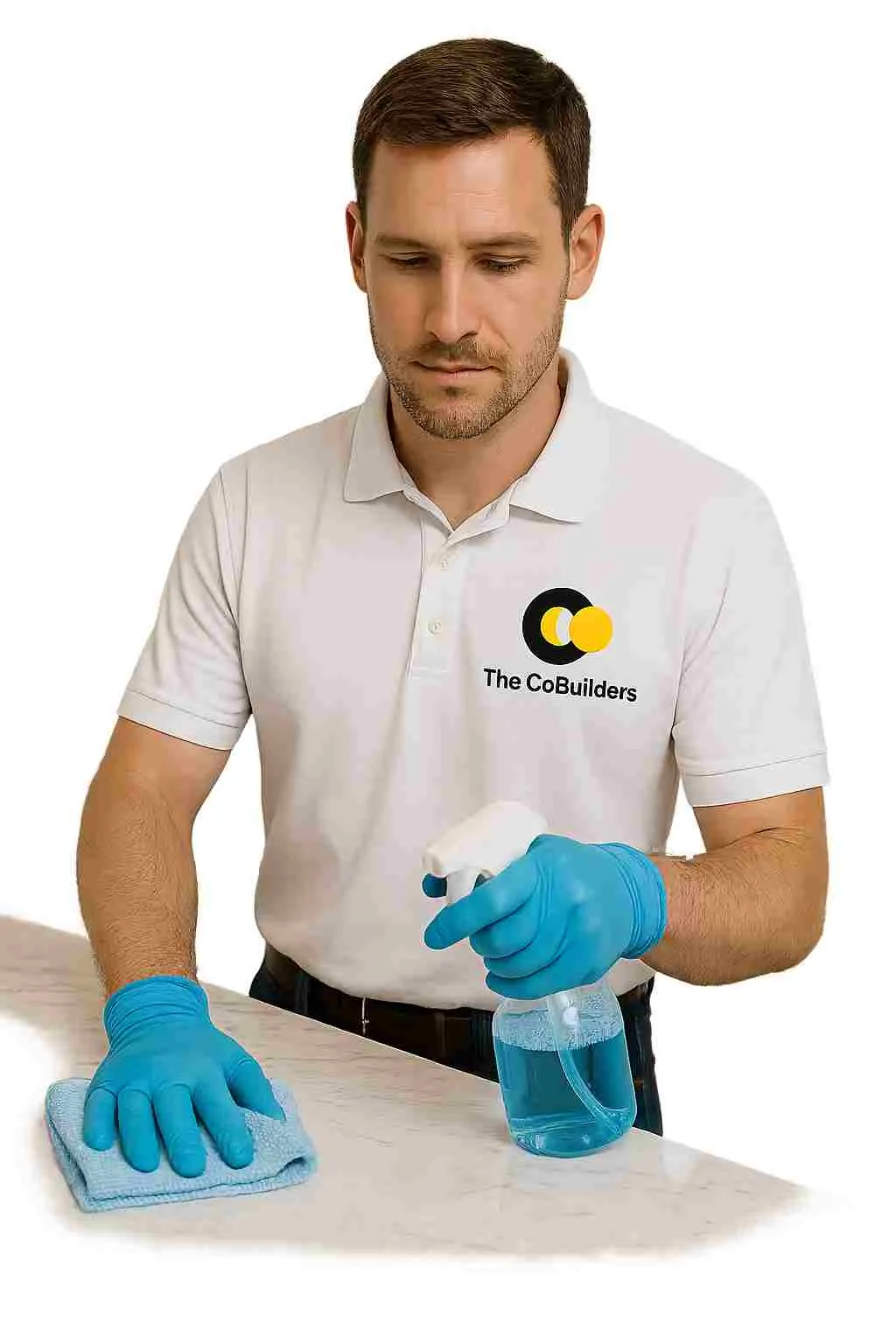 Professional white male house cleaner with "The CoBuilders" logo on shirt, providing service in a bright, modern Tarrant County home, representing local, reliable residential cleaning.