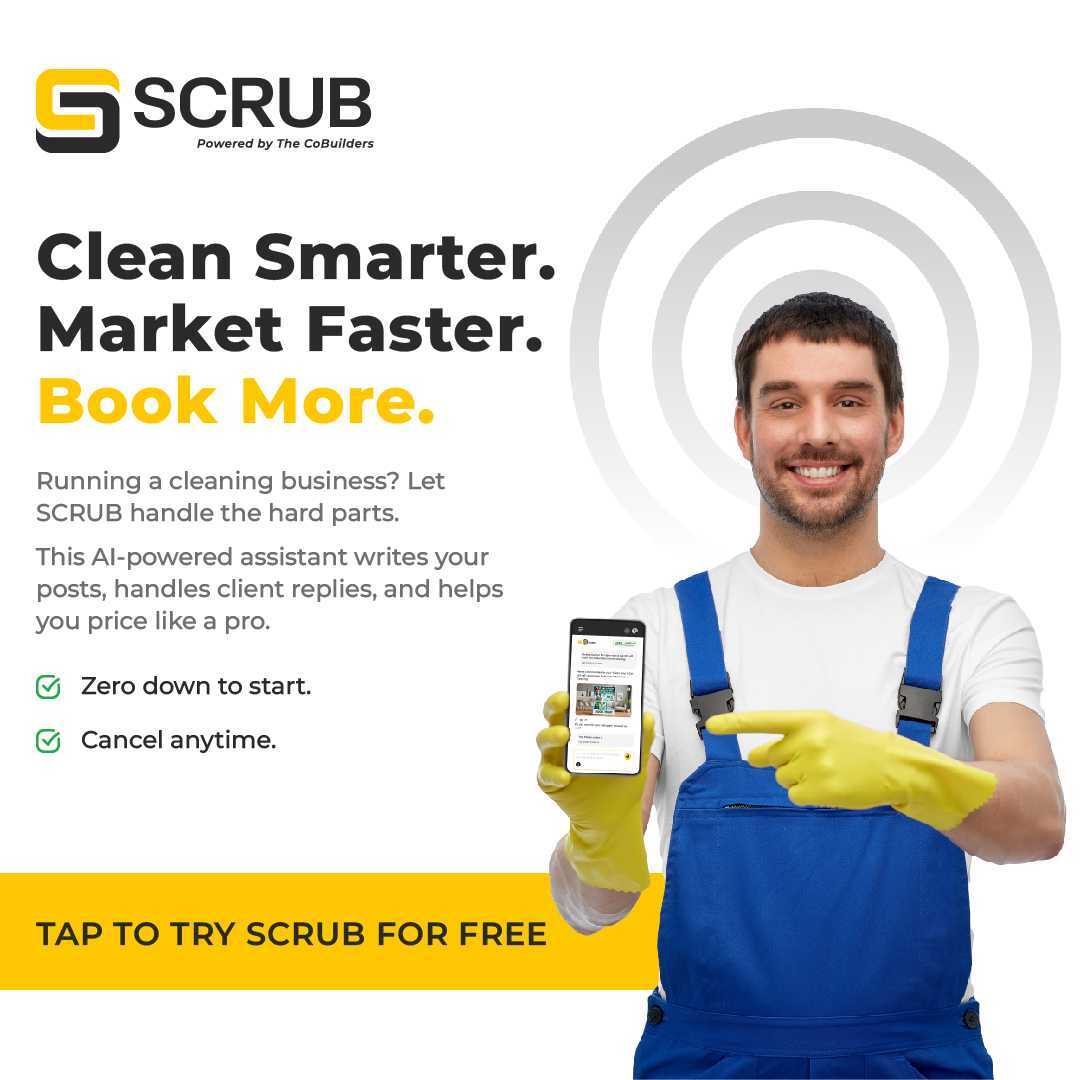image of male professional cleaner pointing to SCRUB app on a mobile phone screen