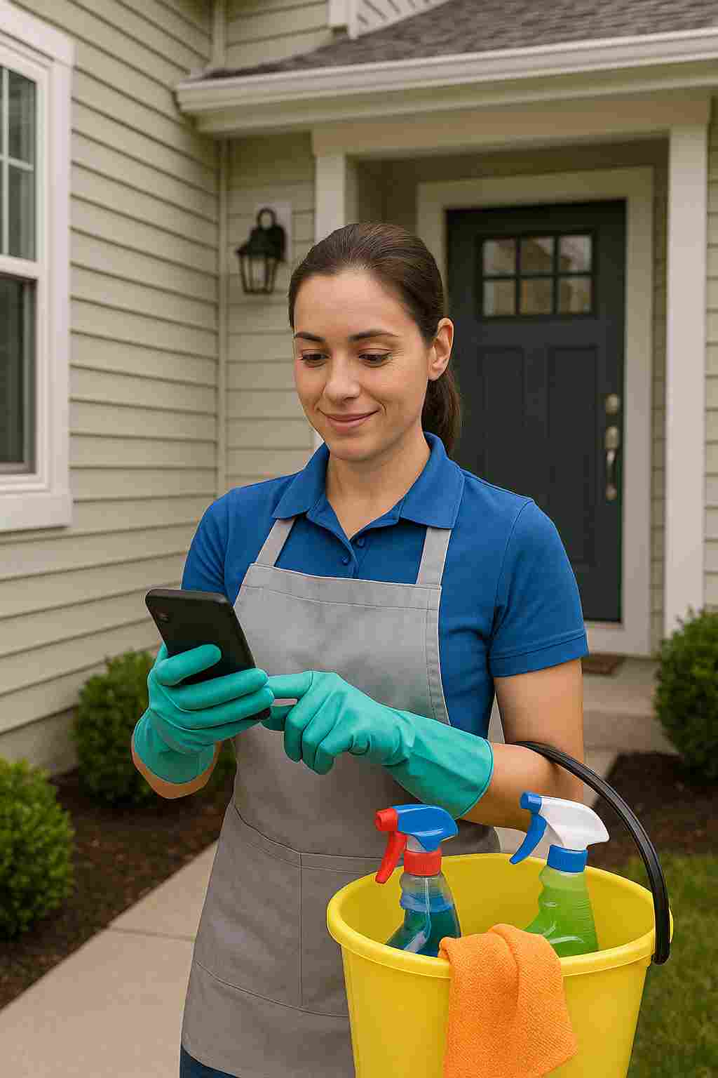 Professional house cleaner using a smartphone to generate a cleaning quote outside a suburban home, representing smart and fair pricing in the cleaning industry.