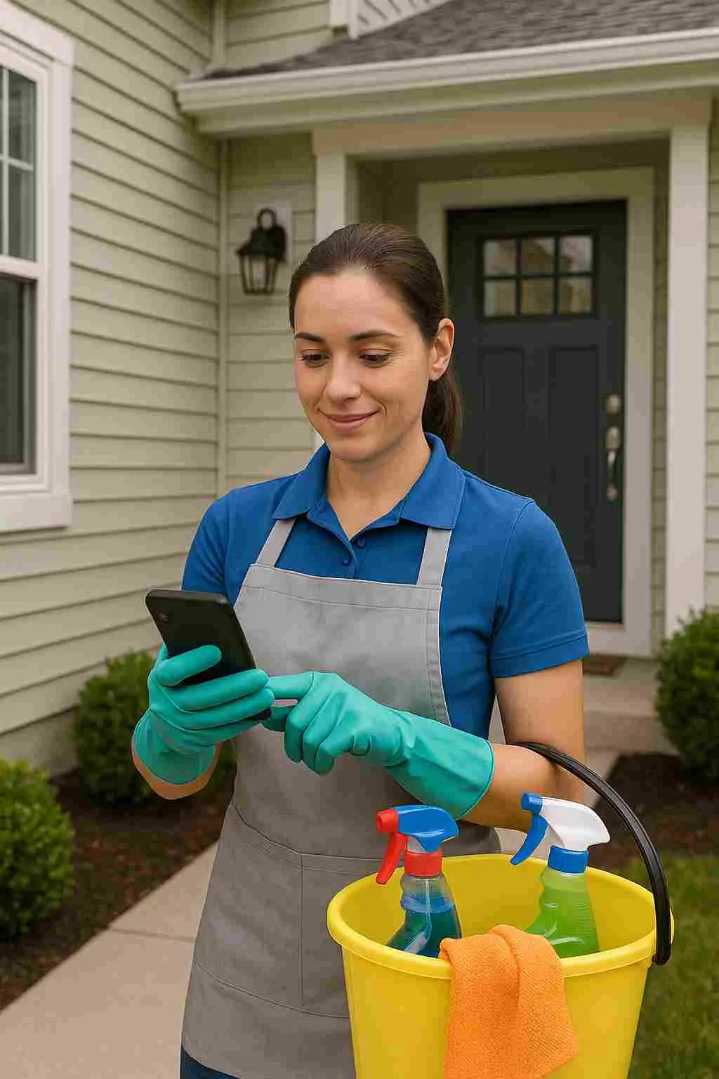 Professional house cleaner using a smartphone to generate a cleaning quote outside a suburban home, representing smart and fair pricing in the cleaning industry.