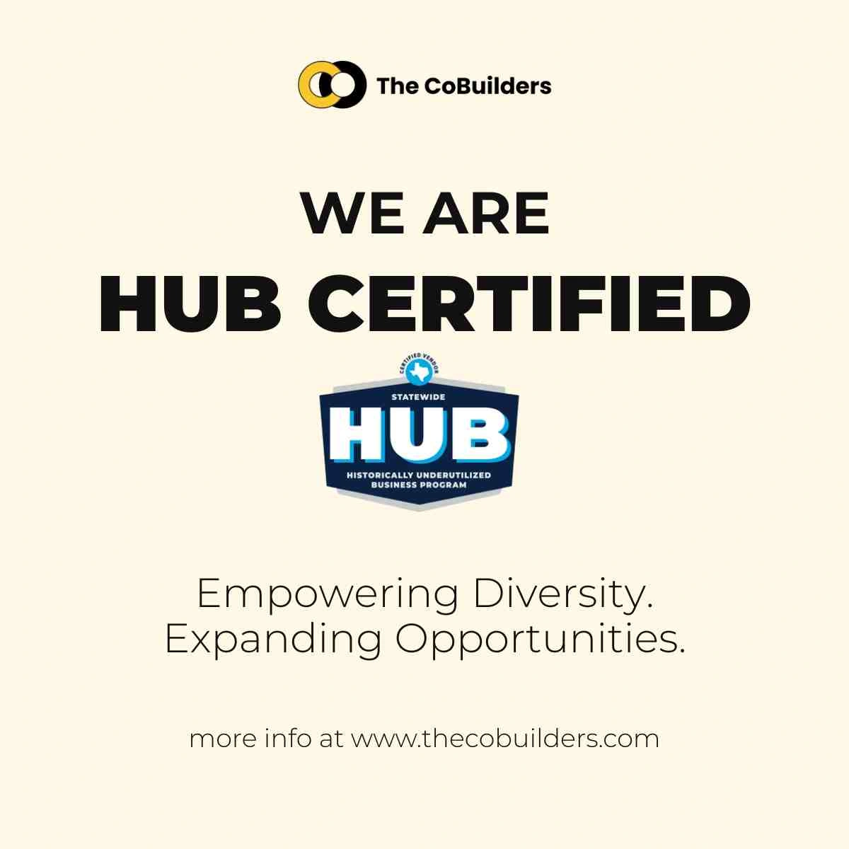 The CoBuilders HUB Certified badge with the message 'Empowering Diversity. Expanding Opportunities