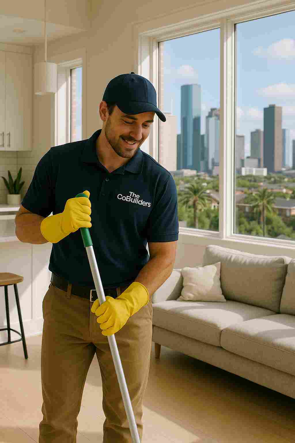 A professional cleaner in uniform with text "The CoBuilders" cleaning a bright, modern home in Houston, Texas.