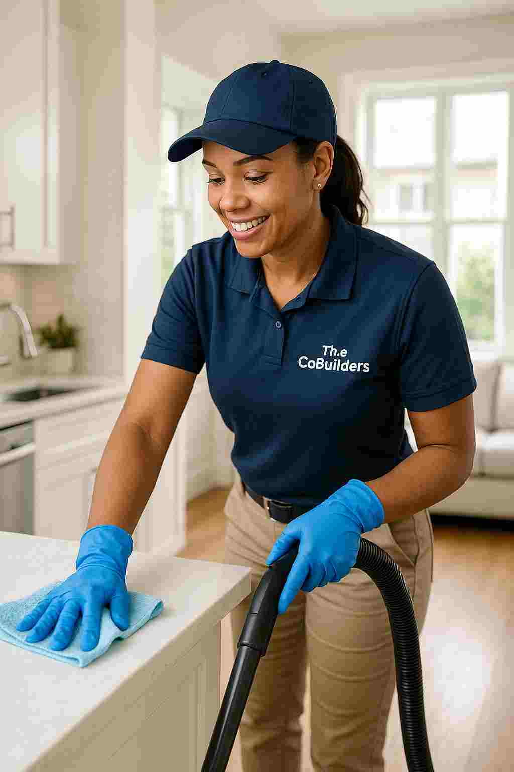 A professional house cleaner in uniform with "The CoBuilders" text cleaning a bright, modern Houston home. The setting includes natural light, clean finishes, and a welcoming feel. The cleaner is vacuuming or wiping down a countertop, reflecting reliability and attention to detail.