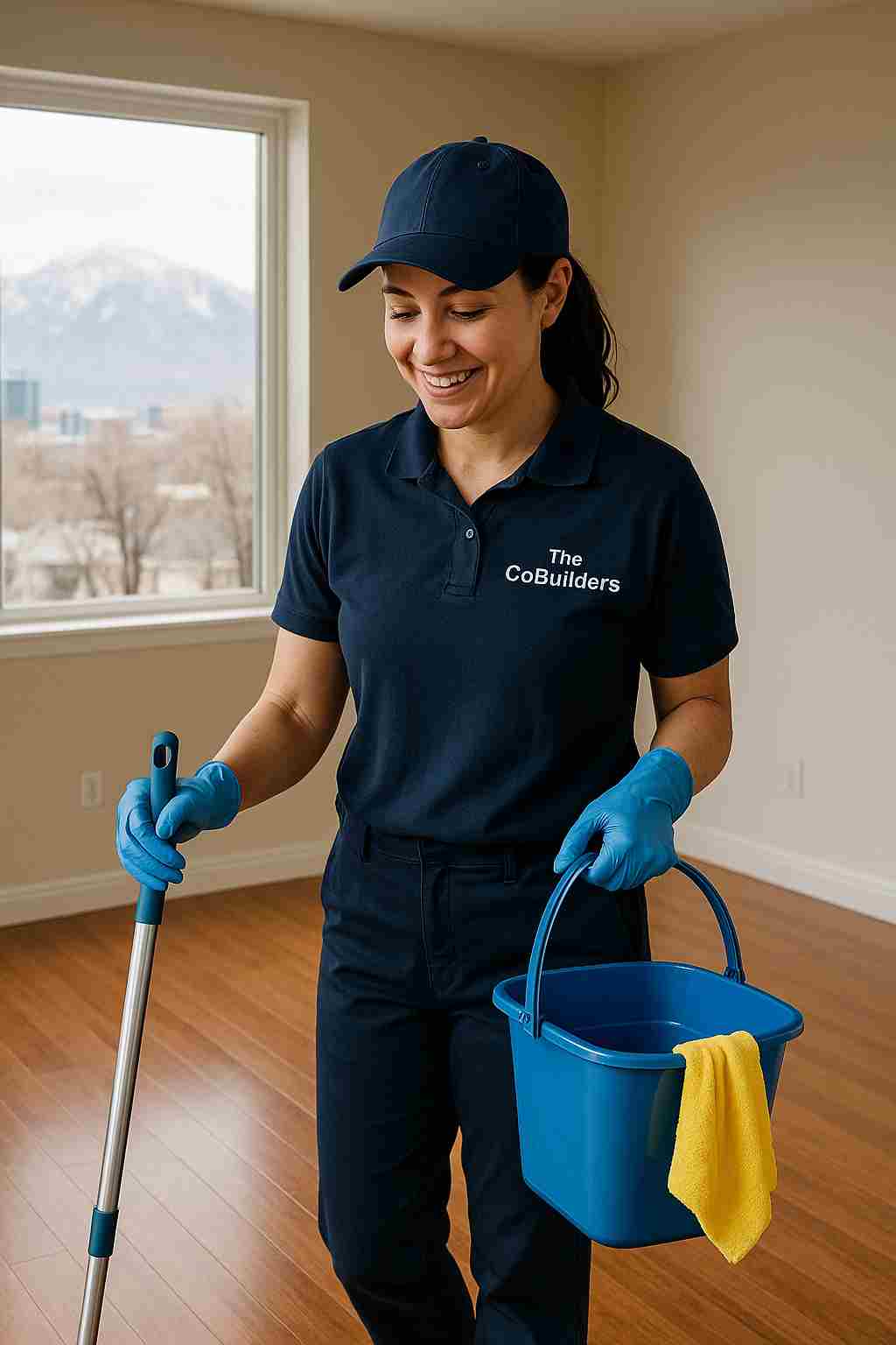 Professional cleaner with "The CoBuilders" text on their uniform, and the cleaner is performing move-out cleaning in an empty Salt Lake City apartment, ensuring a spotless transition for the next resident.